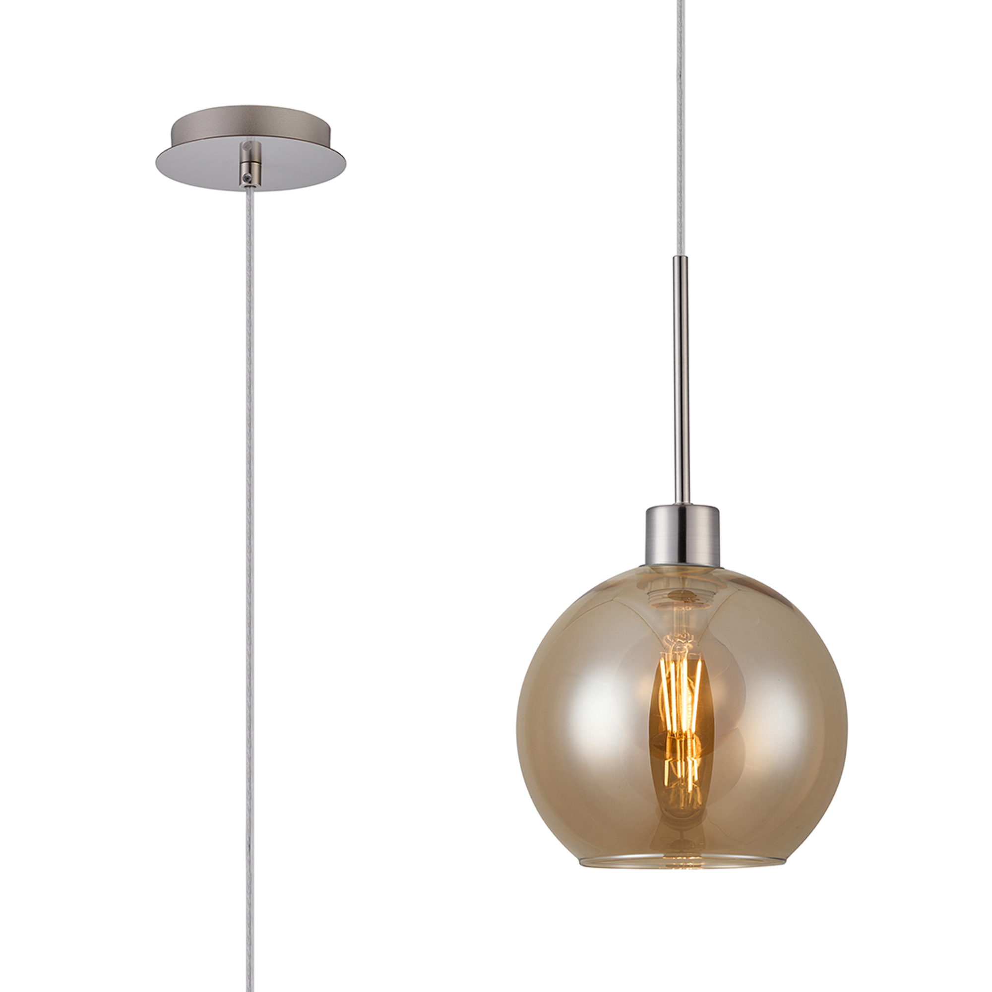 DK1354  Lori 1.7m Single Pendant, 1 Light Adjustable E27, Satin Nickel/Amber Open Mouth Round Globe Shades